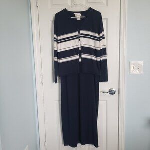 Vintage Pierre Cardin Knit Maxi Dress Cardigan Set Size M Navy Demure Coquette